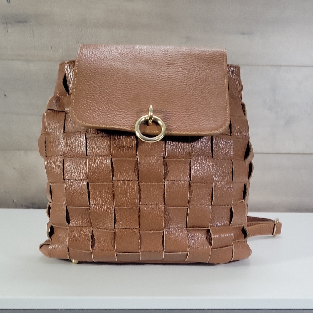 Anna Morellini Brown Woven Pebble Leather Backpack